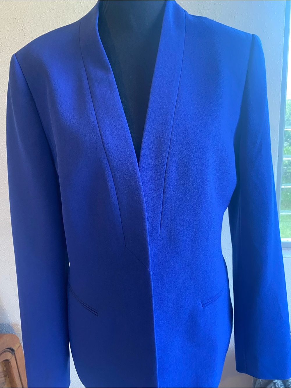 Anne Klein Royal Cobalt Blue Collarless Open Front Blazer Jacket Size 10